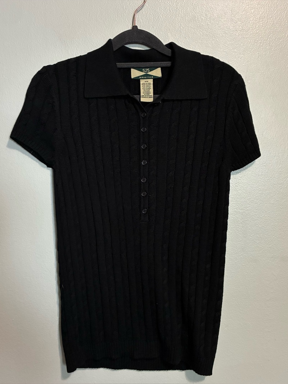 525 America Black Cable Knit Polo Sweater Top Size M